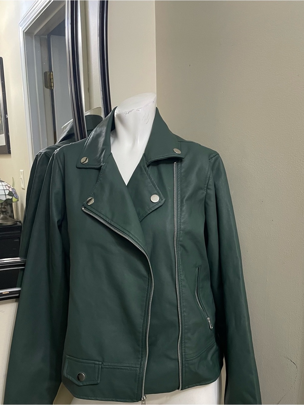 Womens Forest Green Asymmetric Leather Moto Jacket